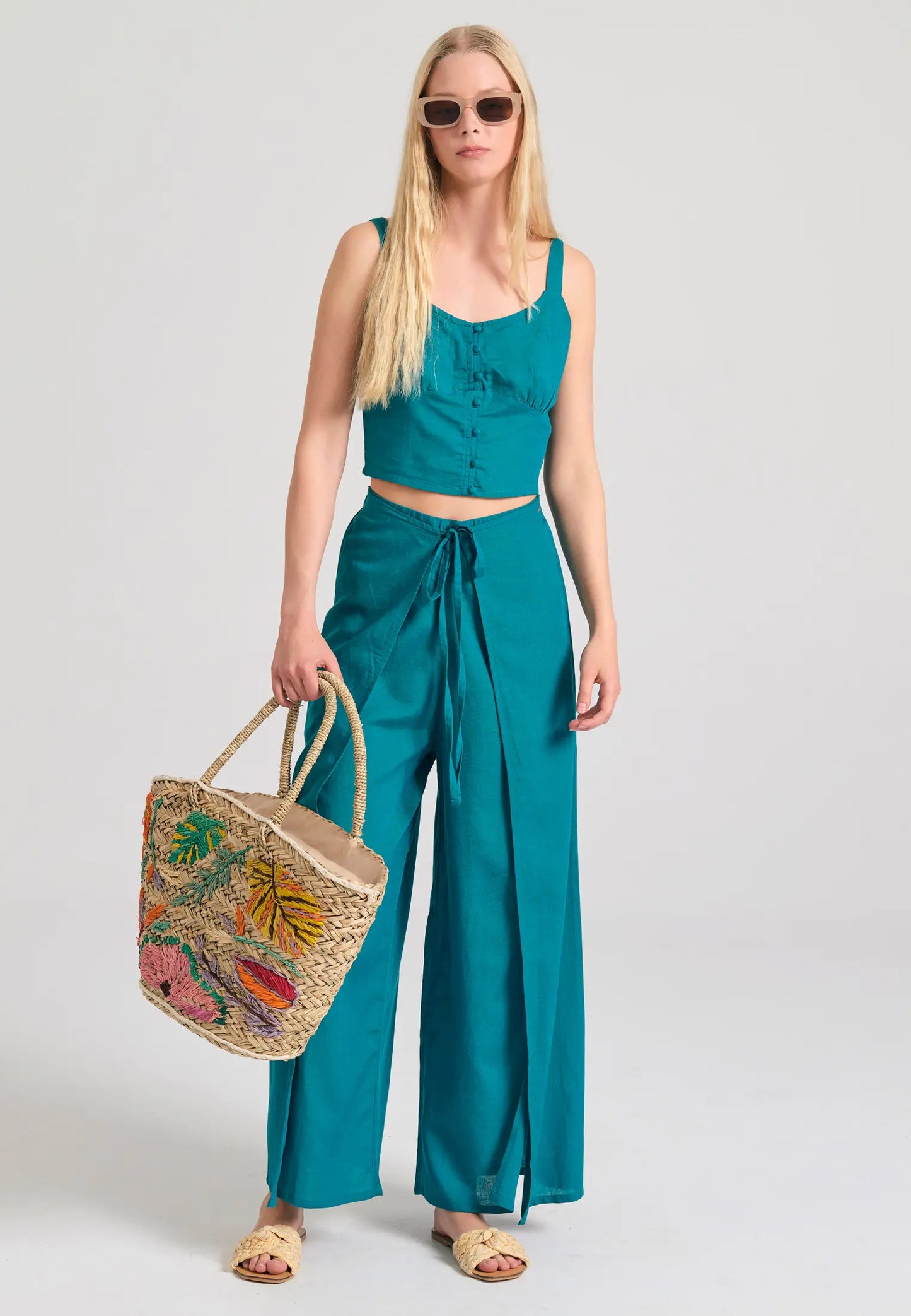 Linen blend wide leg παντελόνα με ελαστική μέση
