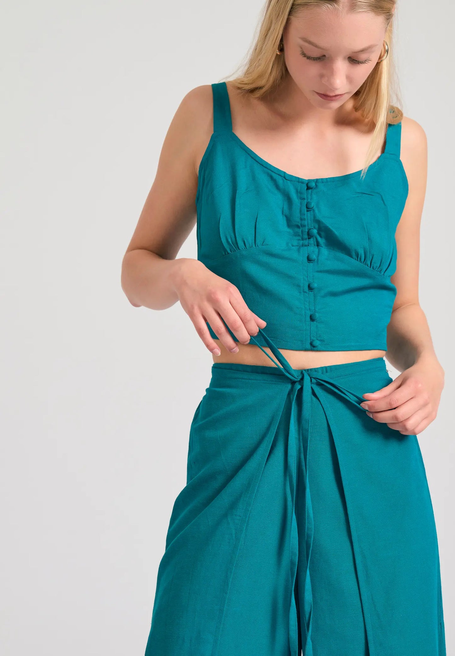 Linen blend wide leg παντελόνα με ελαστική μέση