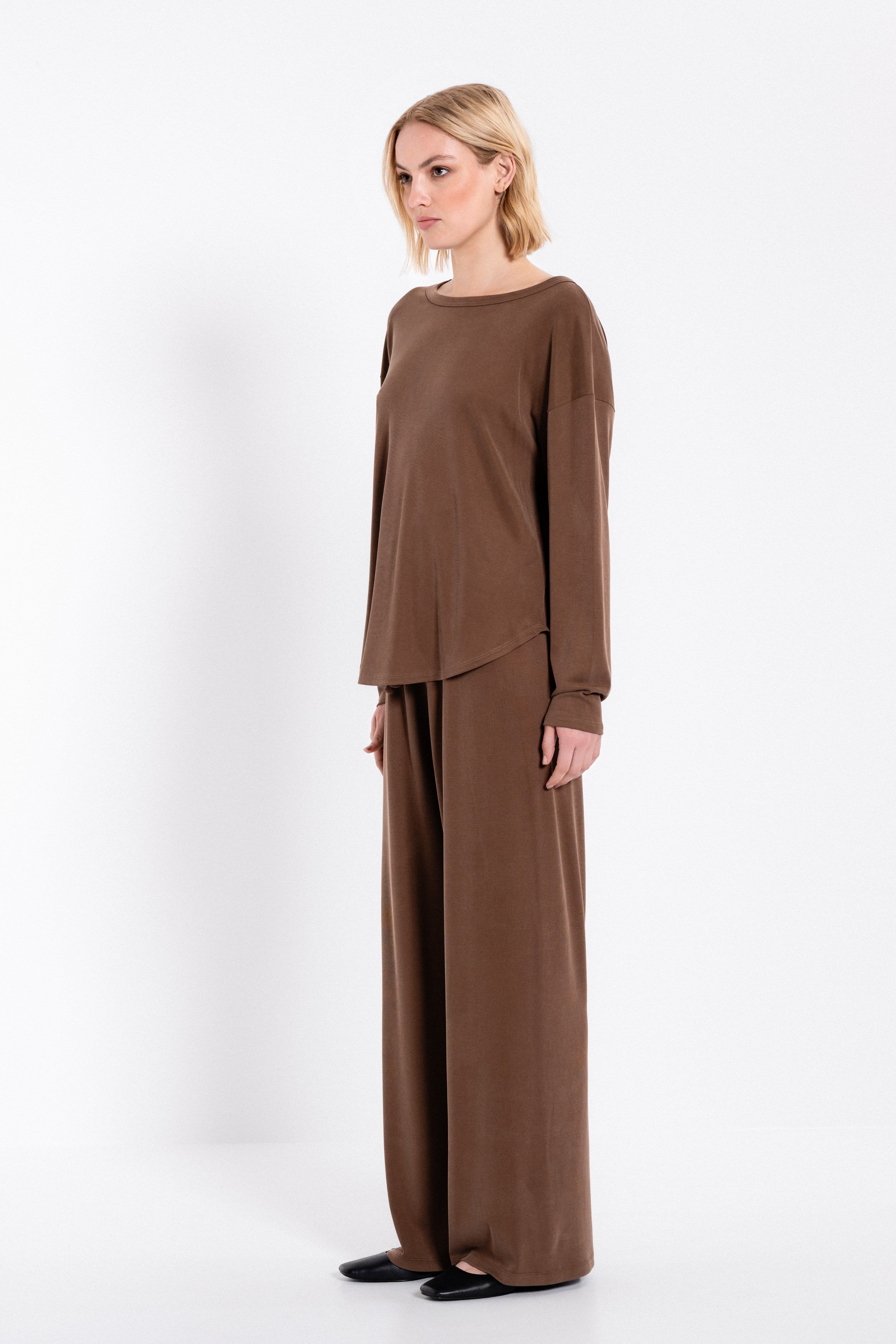 Rib sandwashed long top brown