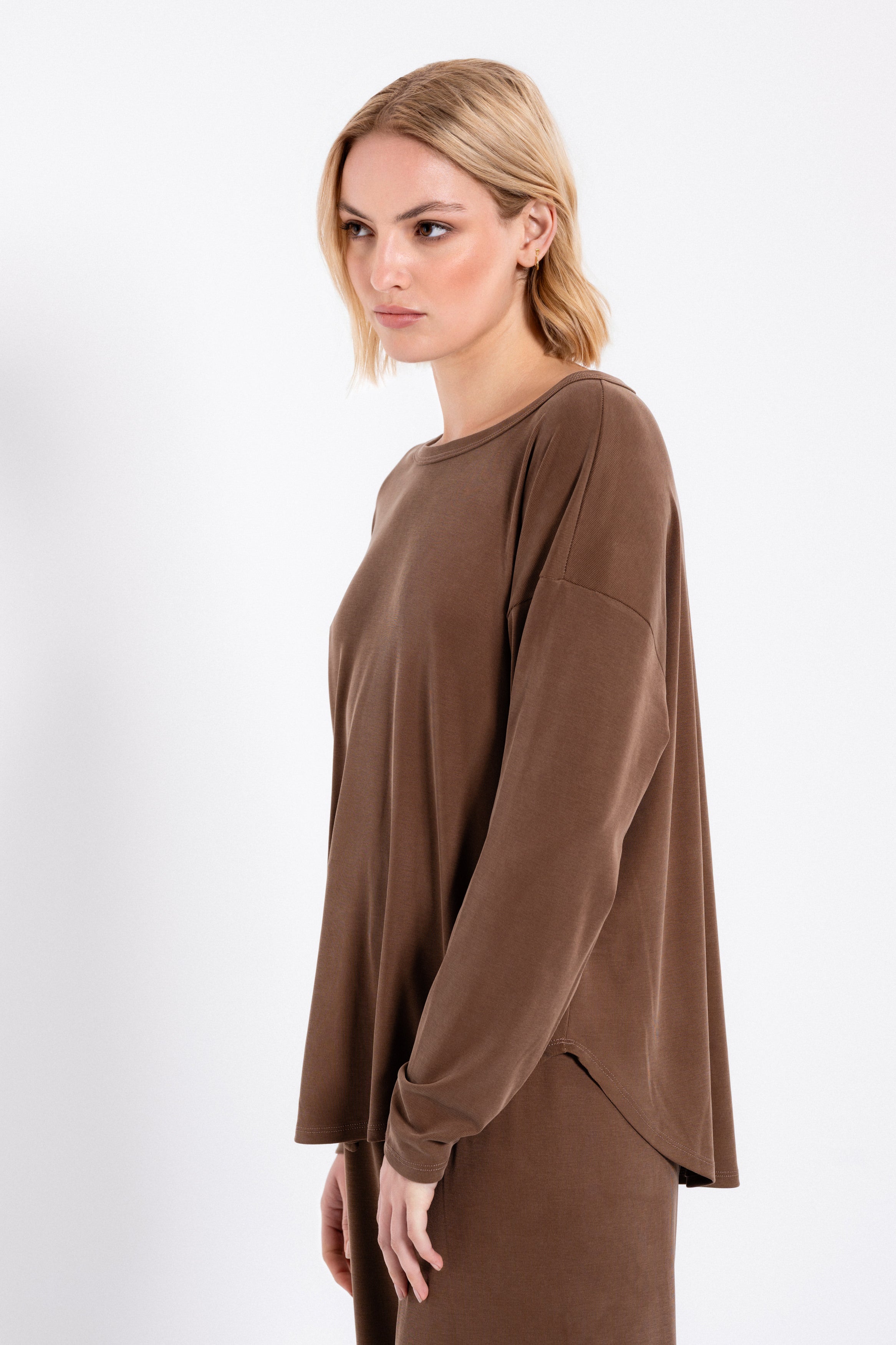 Rib sandwashed long top brown
