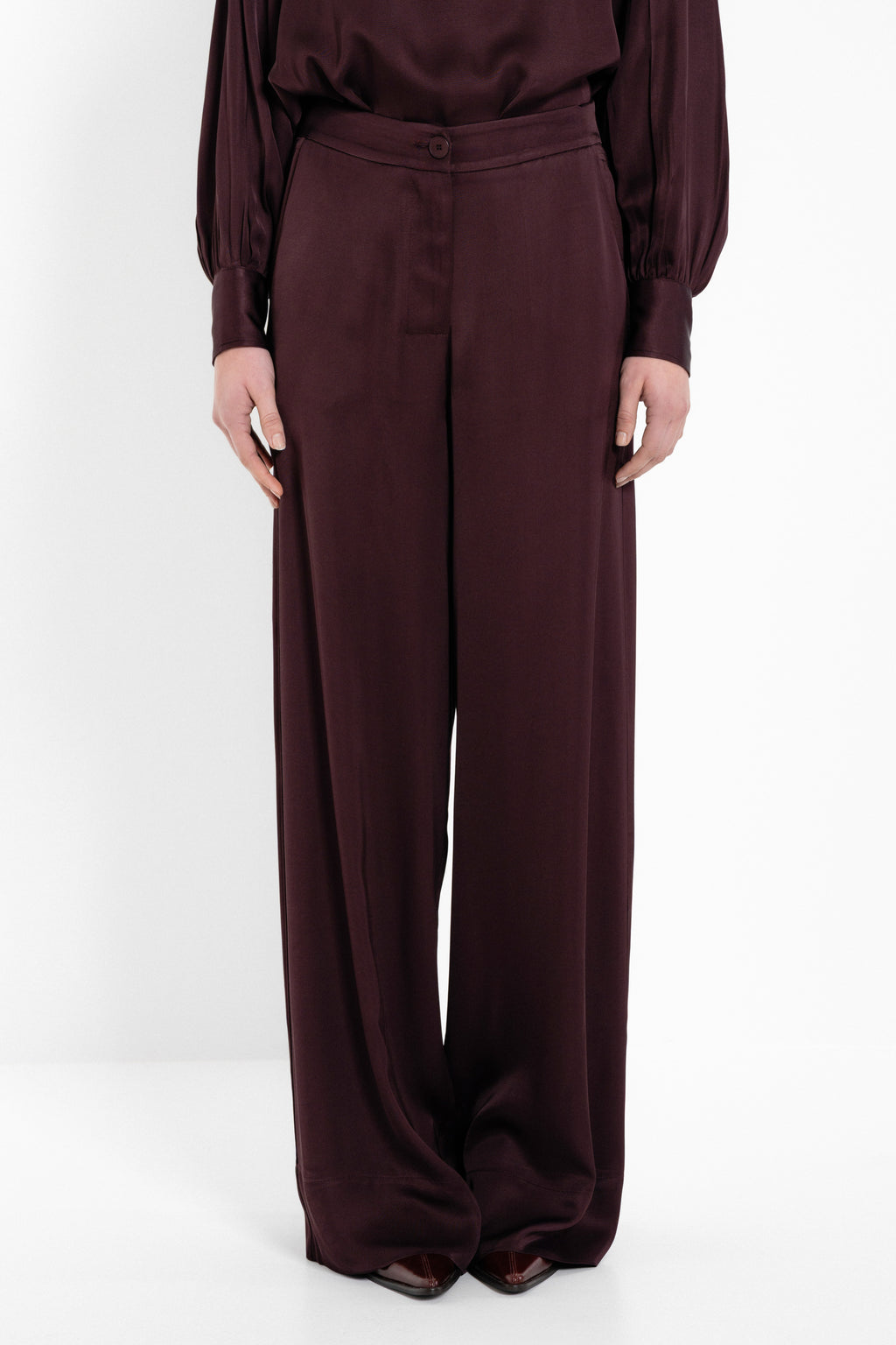 Satin ecovero wide leg pants burgundy