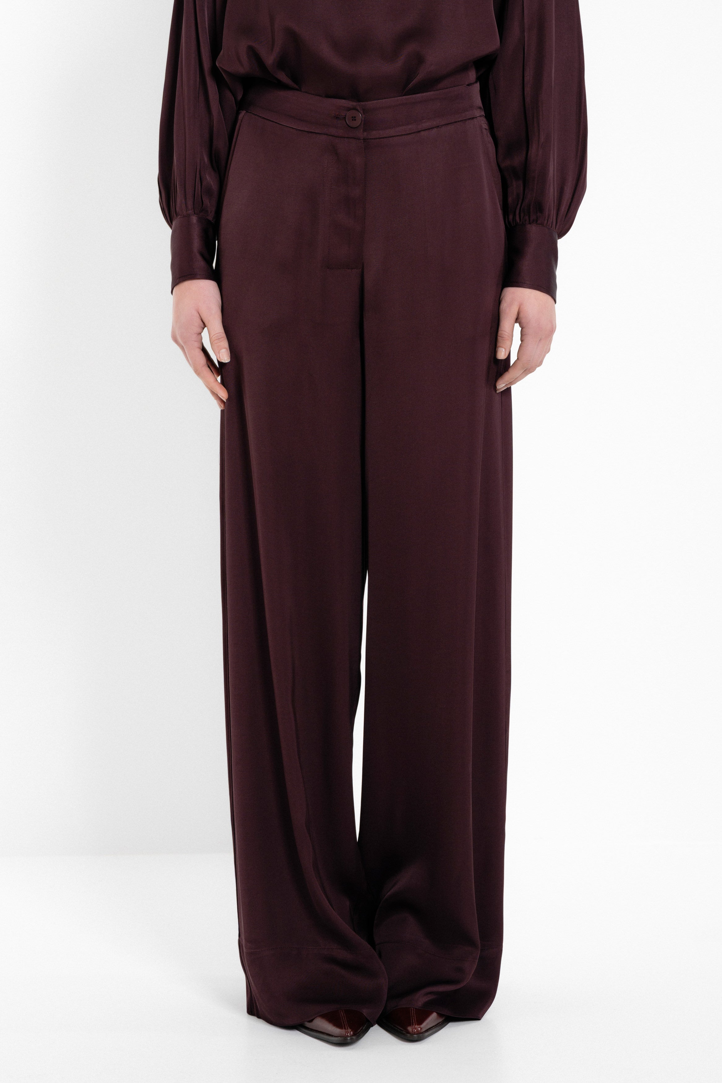 Satin ecovero wide leg pants burgundy