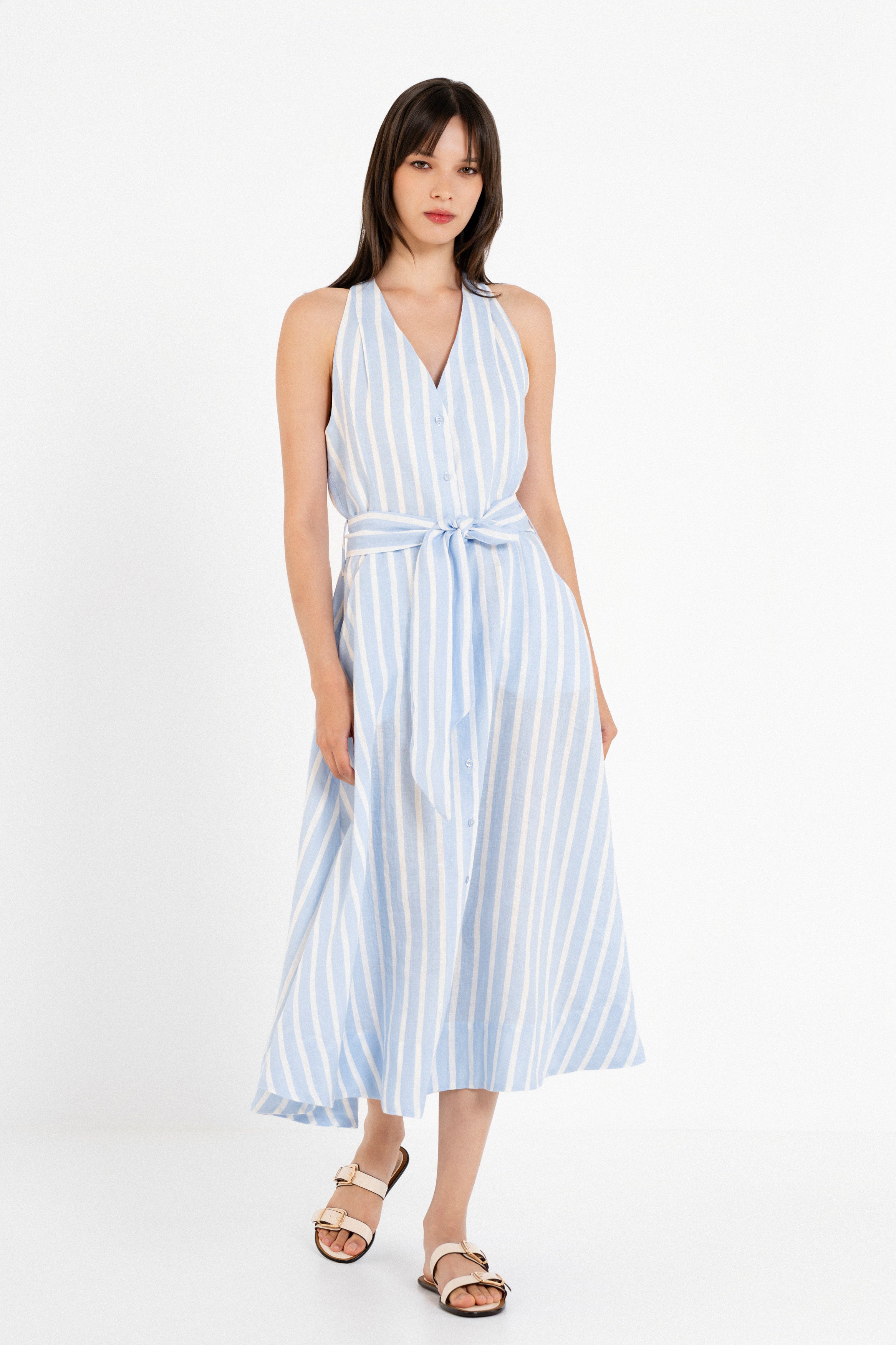 Linen Stripes Halter Neck Dress