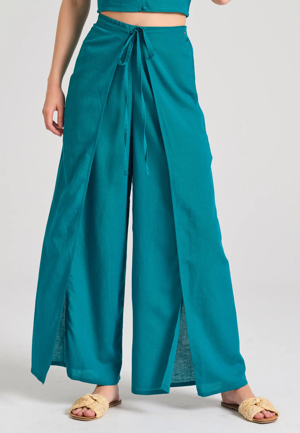 Linen blend wide leg παντελονα με ελαστικη μεση