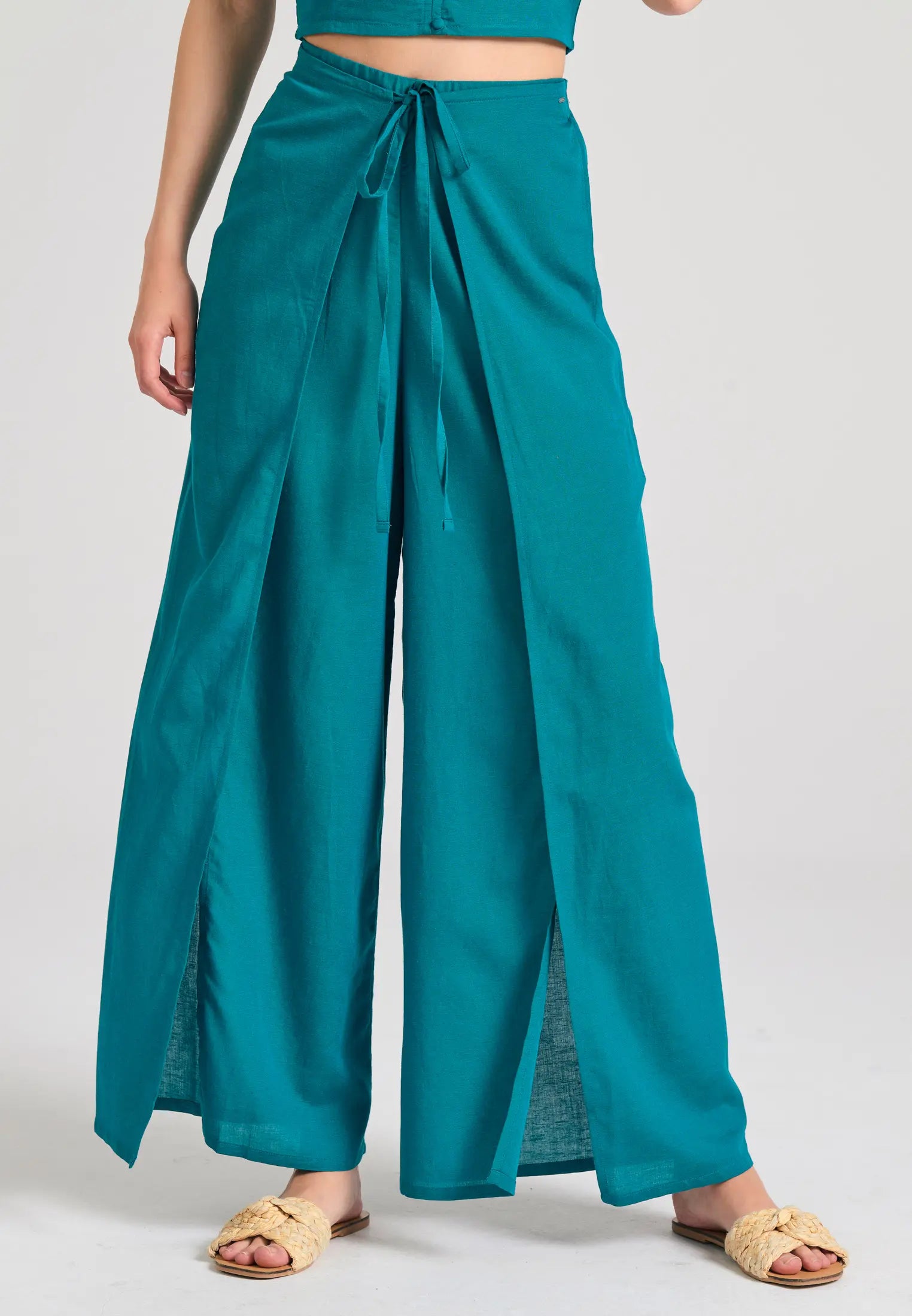 Linen blend wide leg παντελονα με ελαστικη μεση