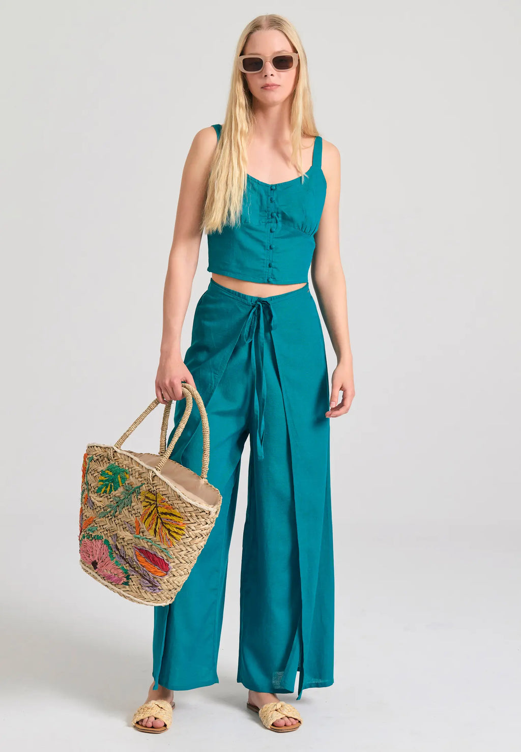 Linen blend wide leg παντελονα με ελαστικη μεση